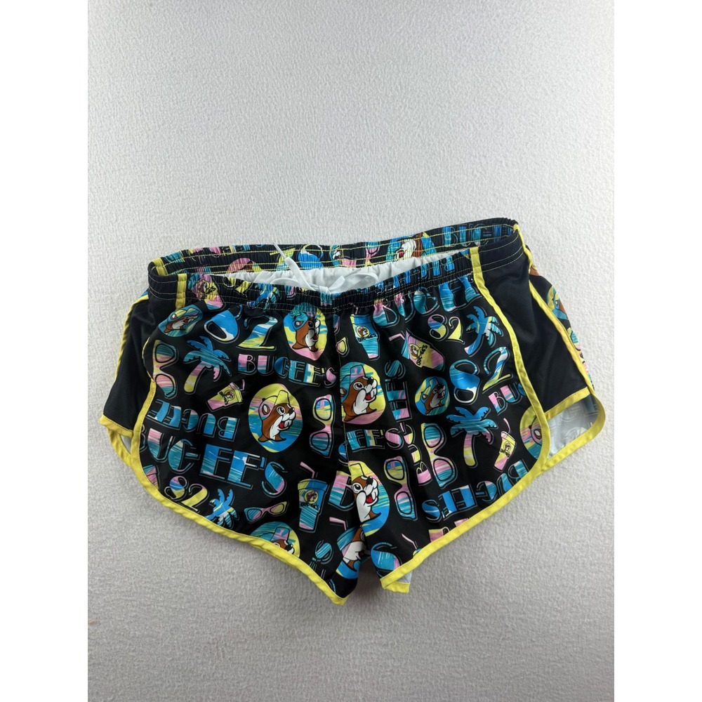 Buc-ee's Womens Medium Running Shorts Black Neon Summer Beaver Print Retro Mesh